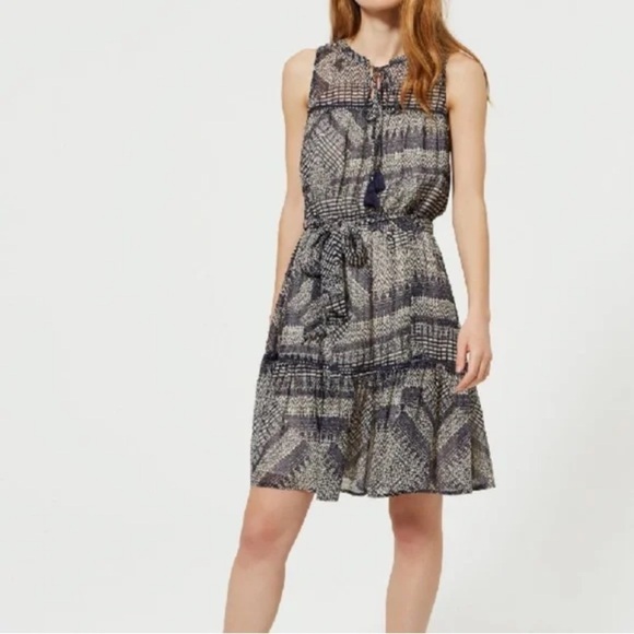 Rebecca Minkoff Nicky dress ruffle bottom sleeveless tassels blue tan print XS - Picture 4 of 13